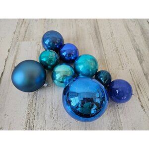 Vintage blue ball ornament set Xmas‎ tree shiny bright teal glitter lot